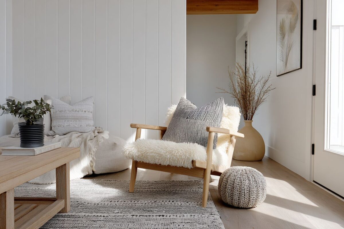 צילום של פינה בבית עם קווים ישרים, מעט רהיטים איכותיים ופלטת צבעים מונוכרומטית (לבן/אפור/עץ בהיר).