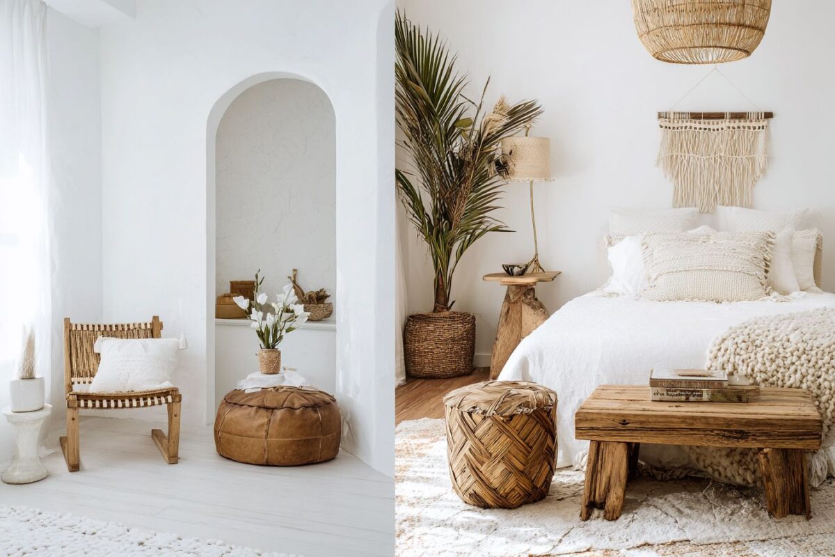 תמונה חצויה או שתי תמונות זו לצד זו – אחת של חלל מינימליסטי לבן ונקי, והשנייה של חלל עשיר בפרטים (אולי בסגנון בוהו-שיק או מקסימליסטי).