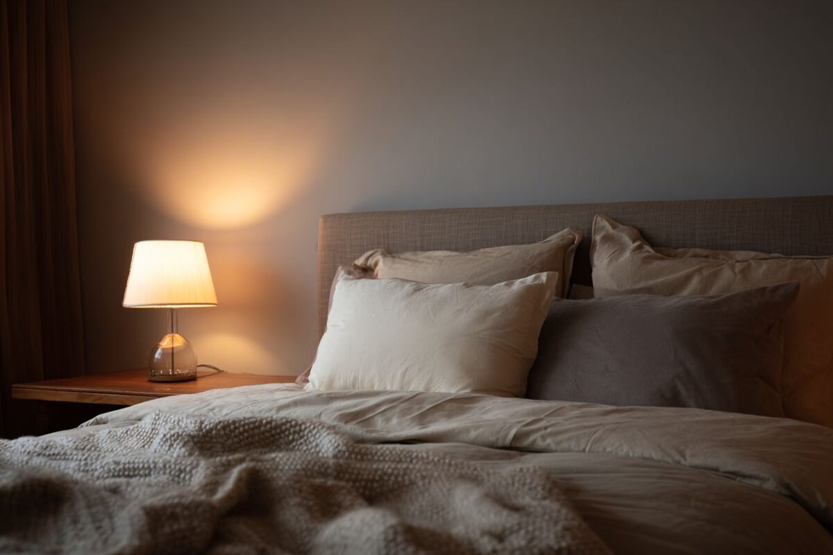 חדר שינה רגוע מאוד, אולי עם טקסטיל רך, תאורה חמה ומינימום הסחות דעת ויזואליות.