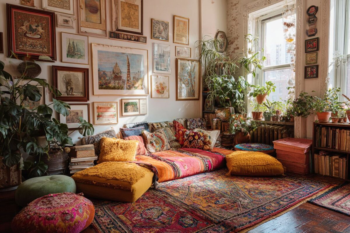 חלל בסגנון אקלקטי או בוהמי, עם שפע של כריות, תמונות על הקירות, צמחים ושטיחים צבעוניים.