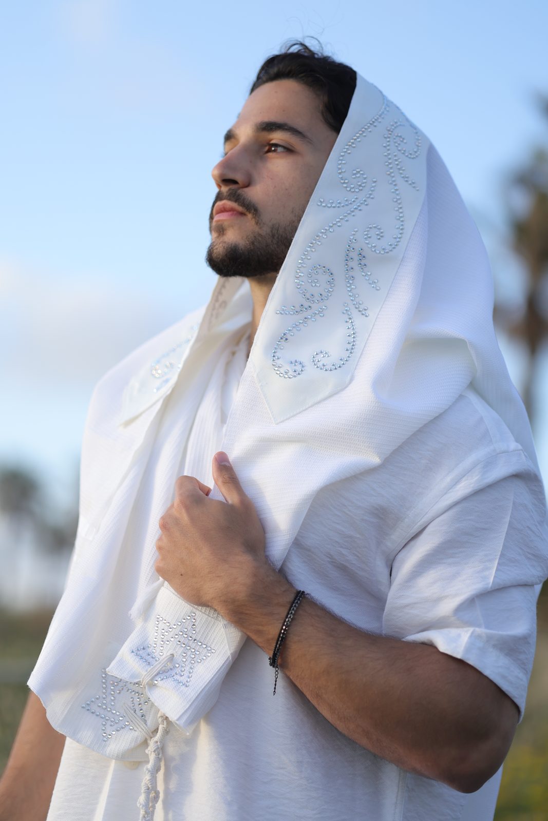 טלית מעוצבת עם מגן דוד בשיבוץ קריסטל על הגב, עטרת עיטורים וכנפות משובצות מגן דוד דגם מגן דוד — אורזילה טלית מעוצבת עם מגן דוד בשיבוץ קריסטל על הגב, עטרת עיטורים וכנפות משובצות מגן דוד דגם מגן דוד — אורזילה